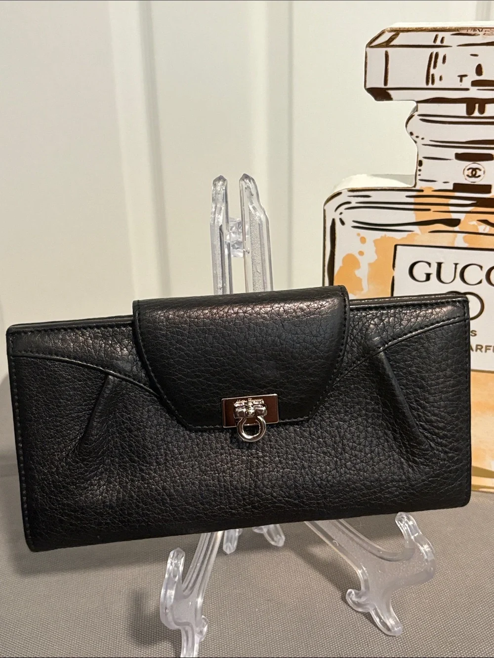 Salvatore Ferragamo Black Leather Continental Wallet with Silver Tone Hardware